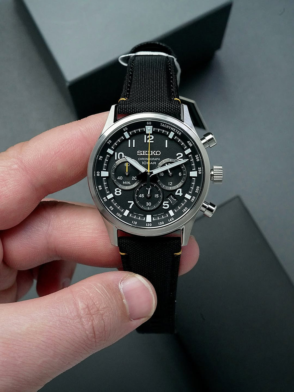 Seiko SSB449P1 Men's Chronograph Watch, Black Dial, Black Nylon Strap