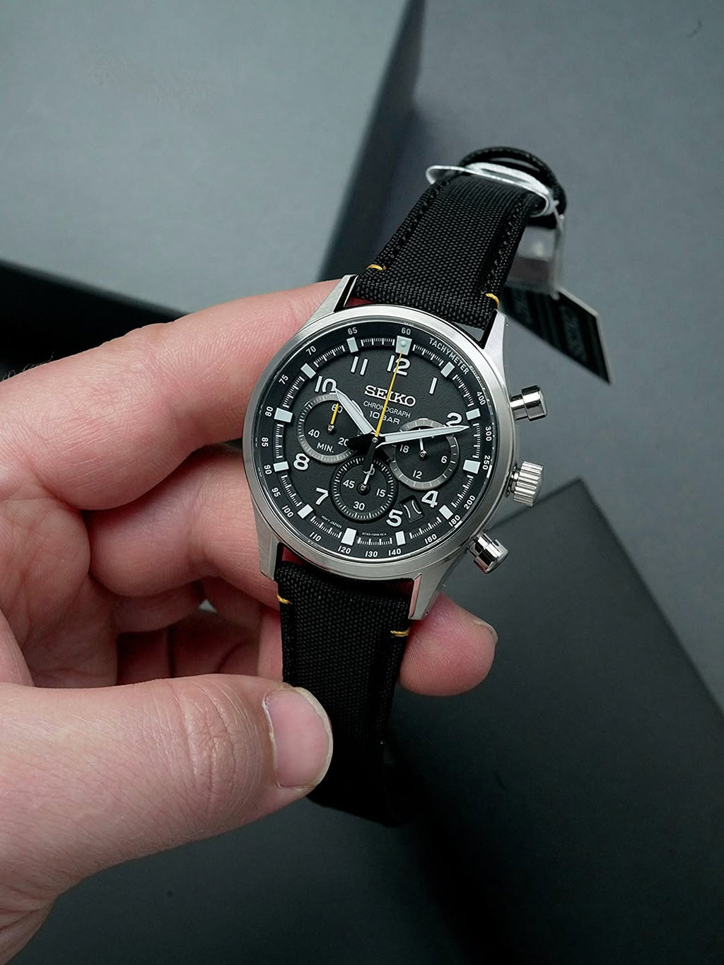 Seiko SSB449P1 Men's Chronograph Watch, Black Dial, Black Nylon Strap