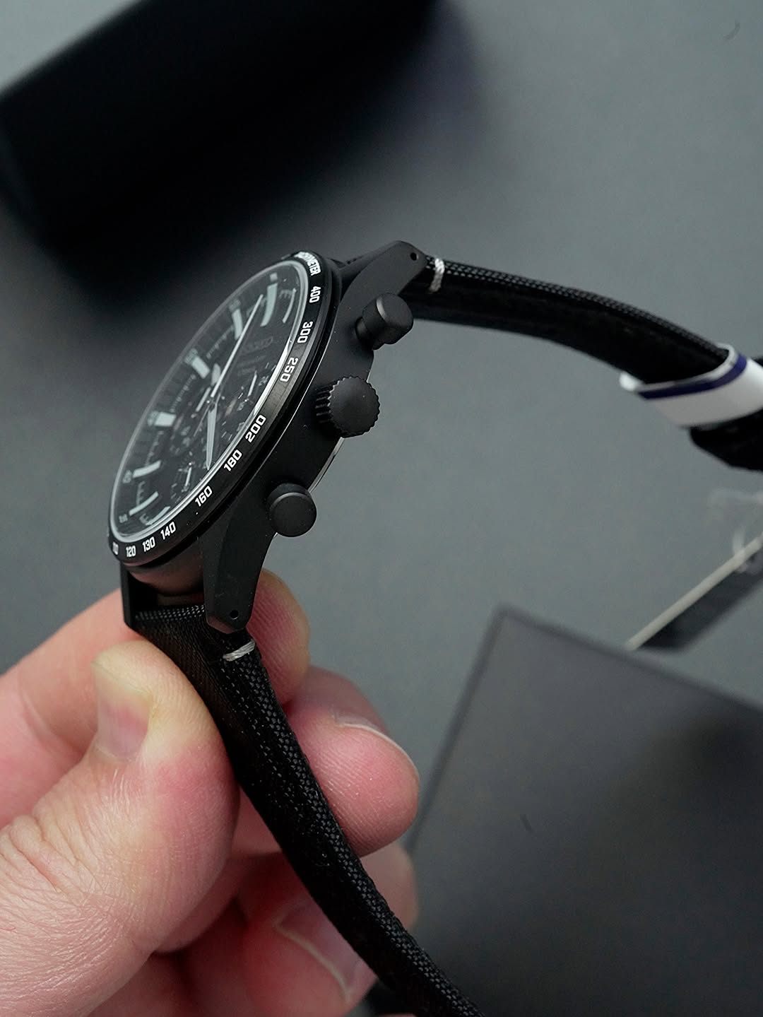 Seiko Chronograph Black Dial Black Nylon/Leather Strap Watch