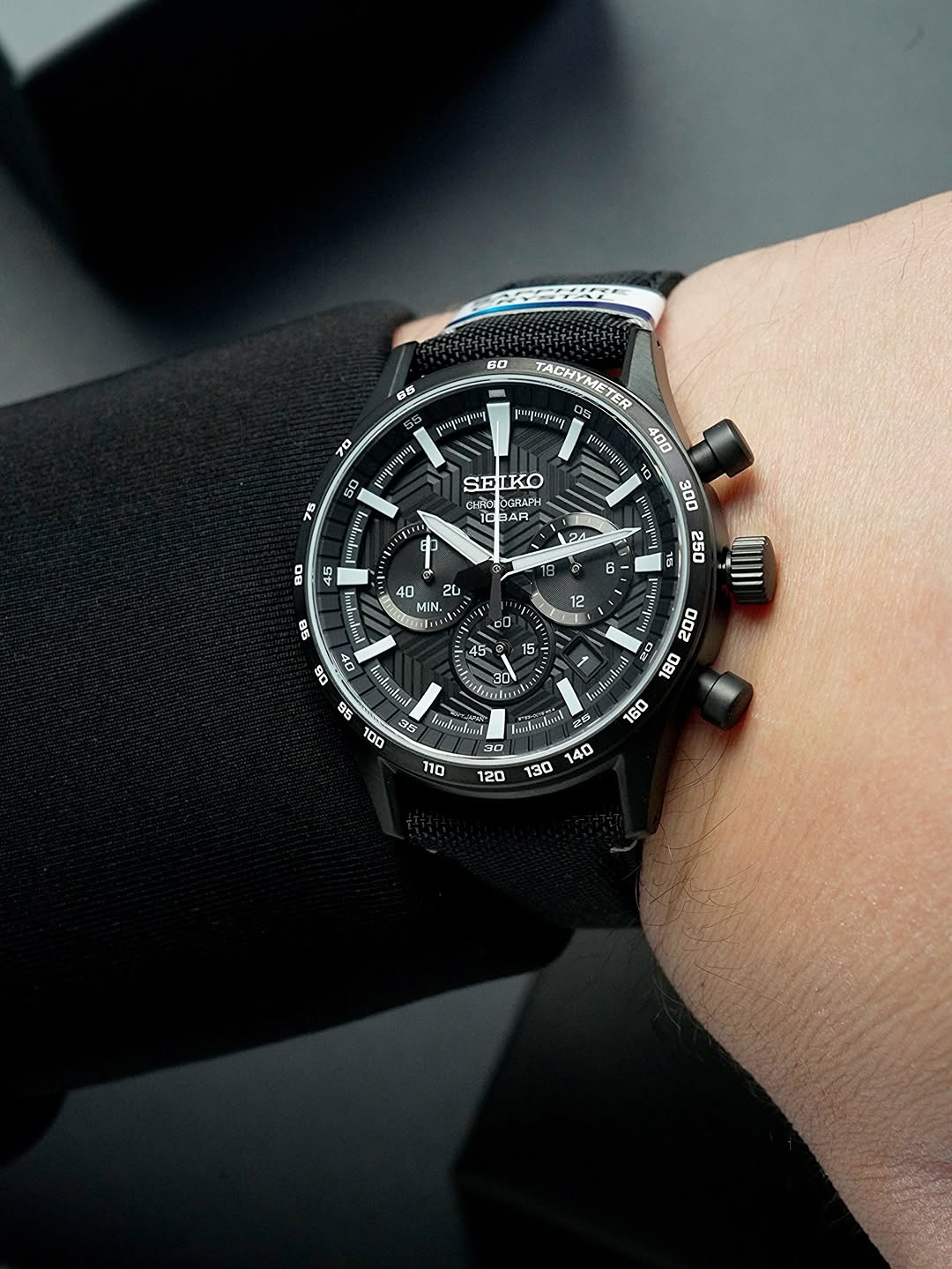 Seiko Chronograph Black Dial Black Nylon/Leather Strap Watch