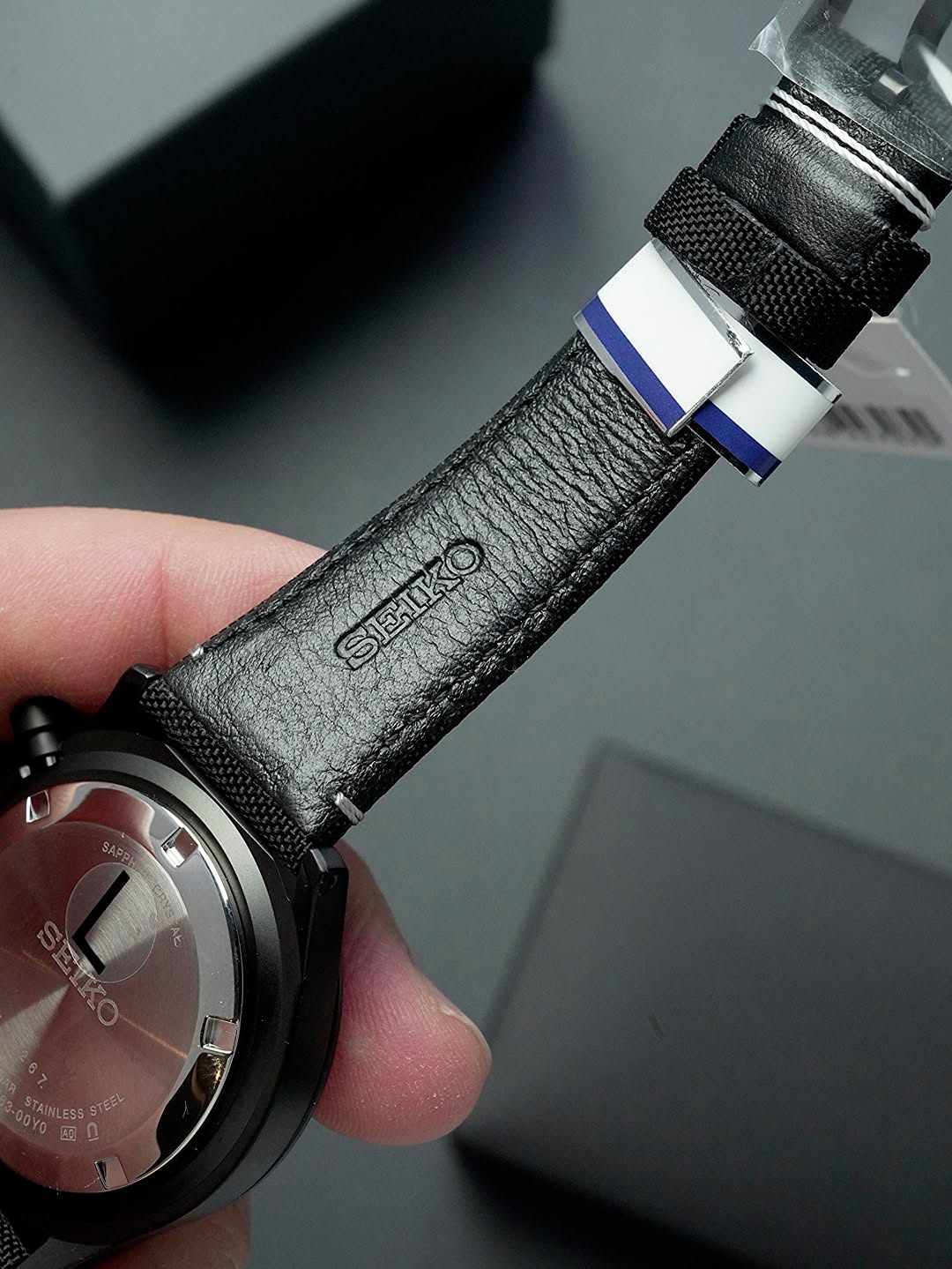 Seiko Chronograph Black Dial Black Nylon/Leather Strap Watch