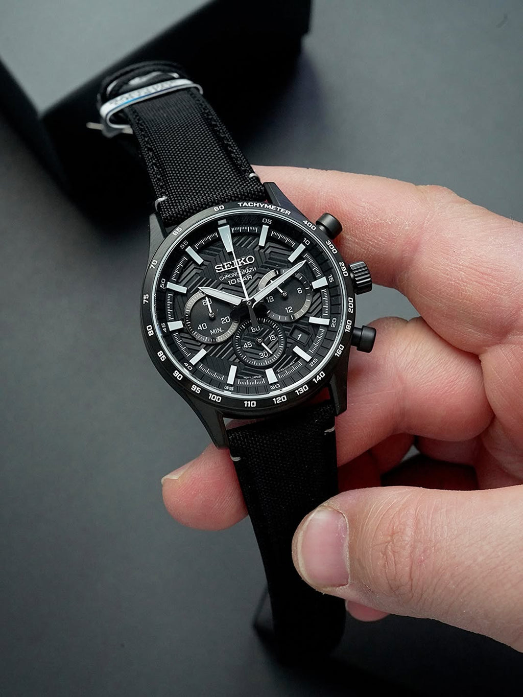 Seiko Chronograph Black Dial Black Nylon/Leather Strap Watch