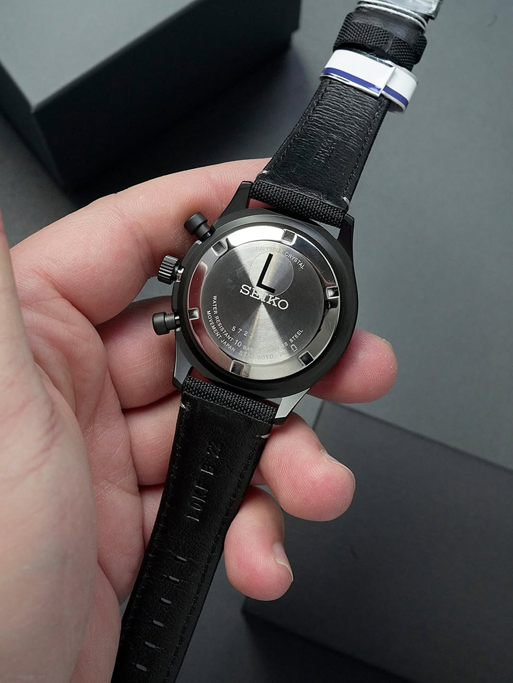 Seiko Chronograph Black Dial Black Nylon/Leather Strap Watch